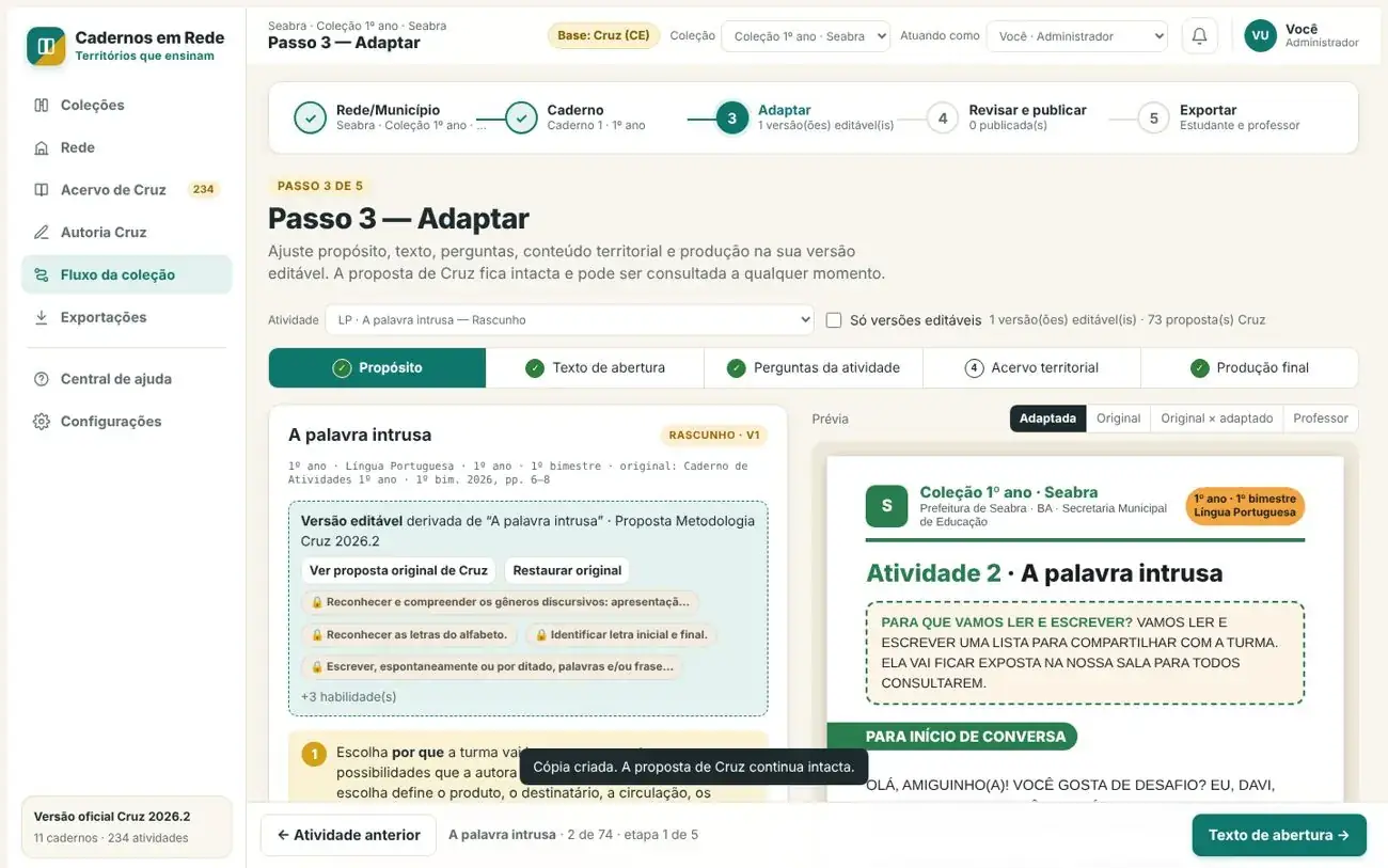 Tela de adaptação com propósito, versão derivada e prévia da folha